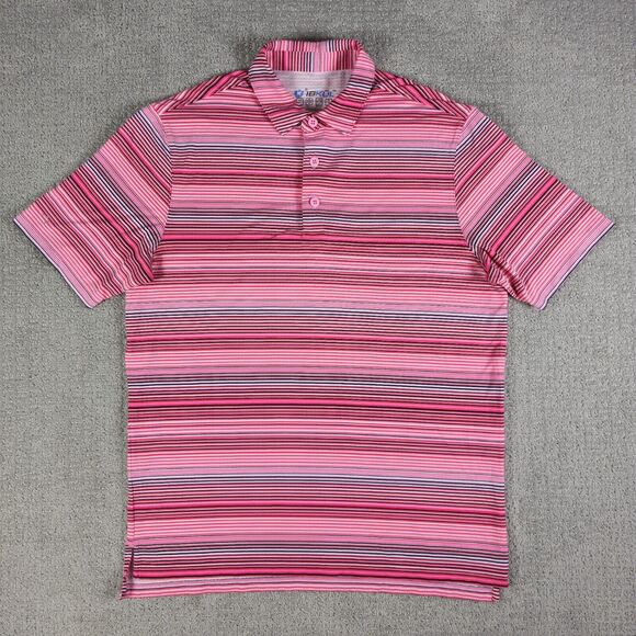 Ibkul UPF‎ 50 Polo Shirt Mens Size M Pink Striped Golf Preppy Cooling Golfer - Picture 1 of 8